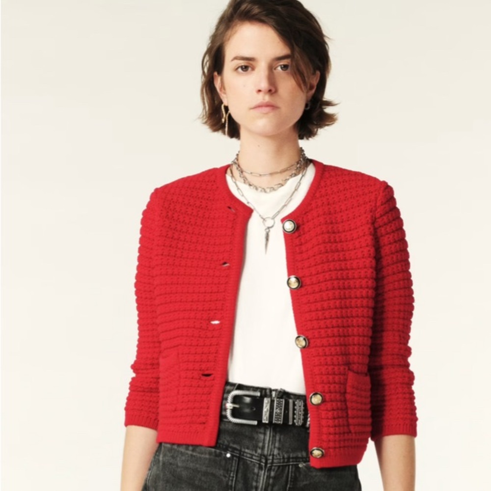ba&sh Red Textured Cardigan with Gold Buttons